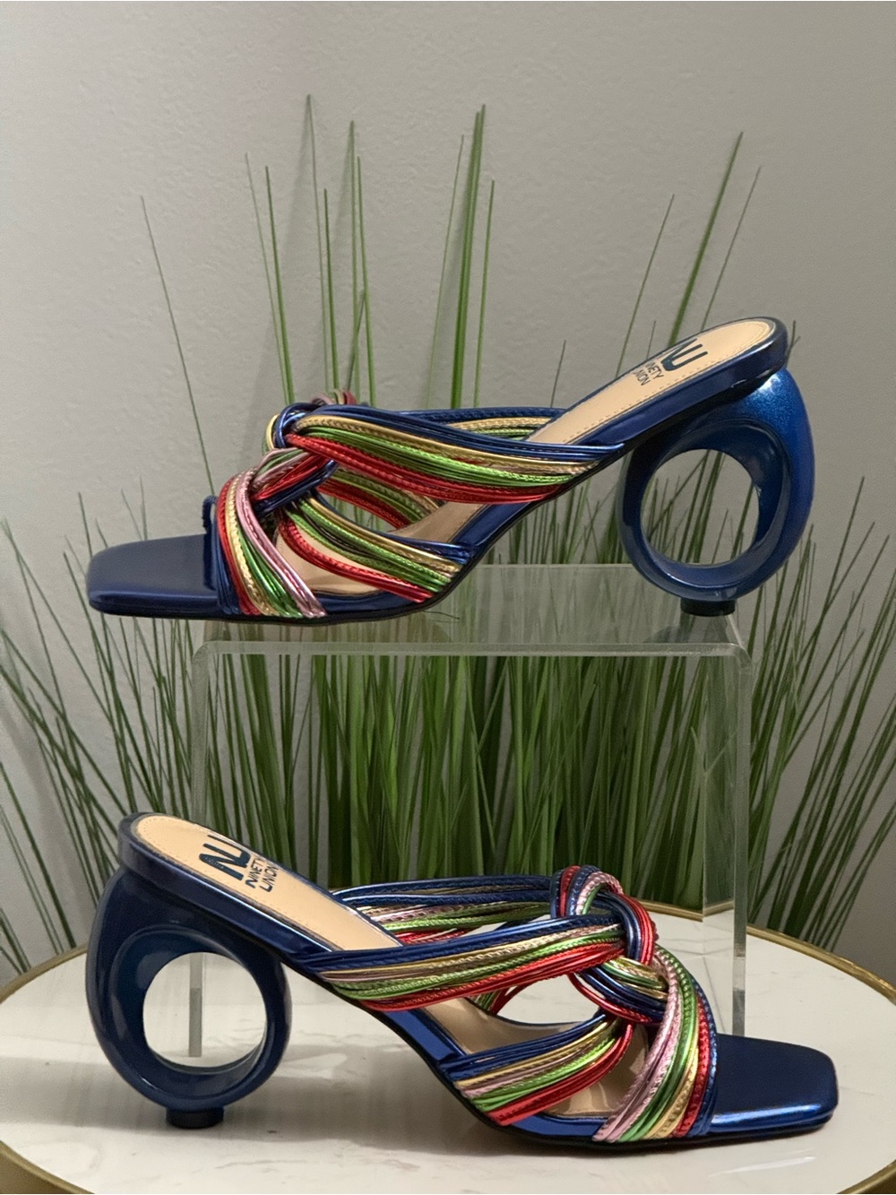 NIB Ninety Union Brazil Blue Multi-Color Knot Mule Heels